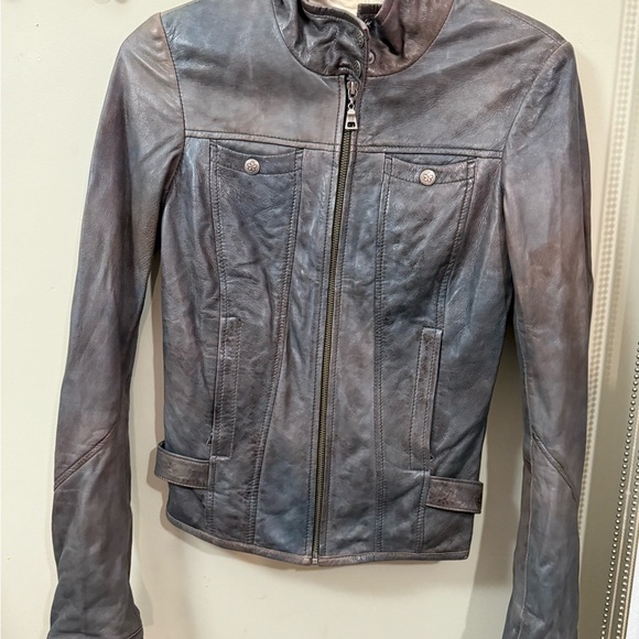 Gray genuine Leather Motorcycle Jacket with Distressed Finish - Picture 3 of 6